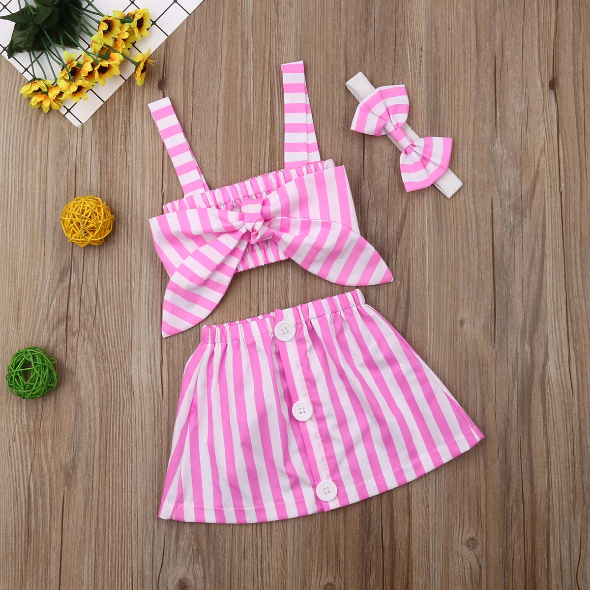 Комплект из 3 предметов для новорожденных и маленьких девочек, новейшая мода, летний розовый полосатый жилет, топы, футболка, короткая юбка, наряды, одежда