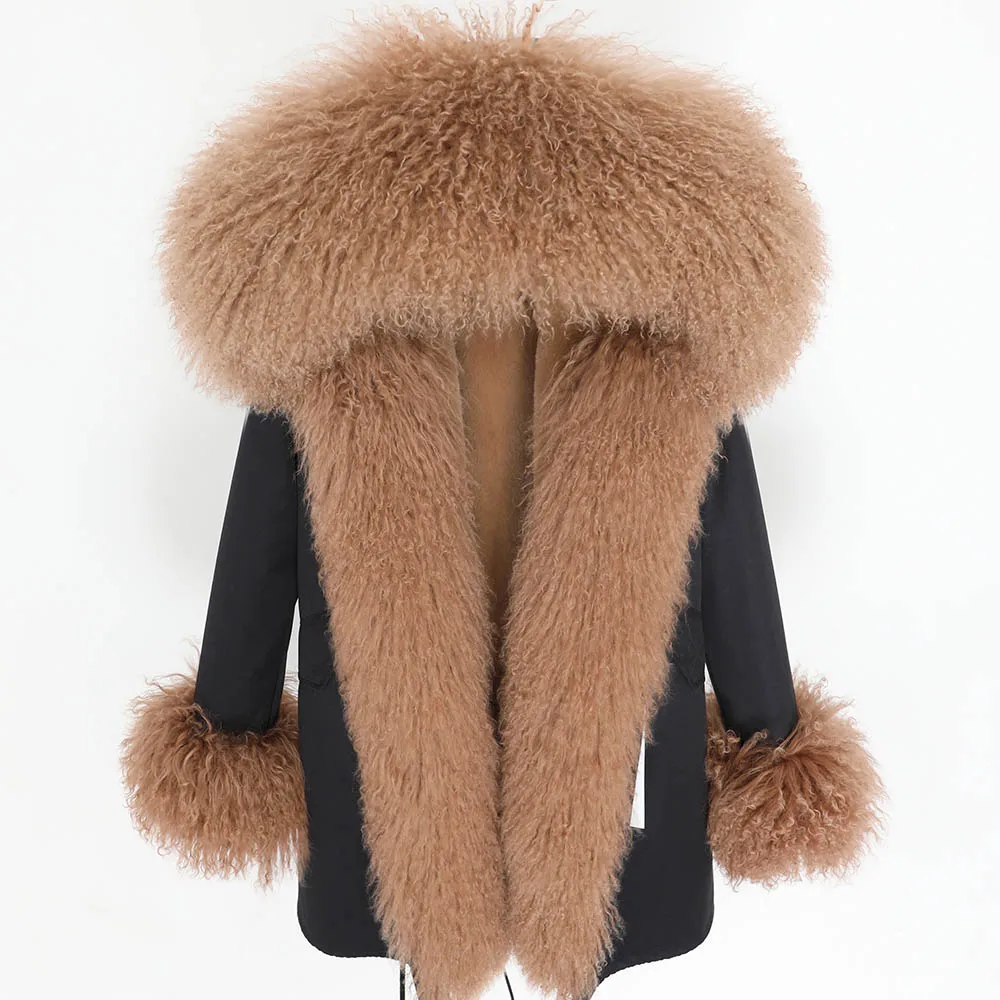 

MAOMAOKONG Super Natural Wool Fur Park Winter Thickened Faux Fur Lined Oversized Fur Collar Jacket