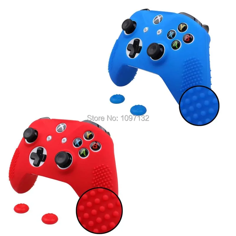 Anti-slip Silicone Rubber Cover Skin Case for XBox One S Slim Controller with 2 Thumbsticks Caps (3)