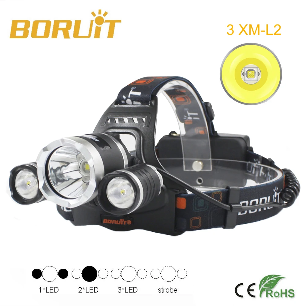 BORUIT 6000Lm 3X XM-L L2 LED Headlamp Headlight Head Light 4-Mode Power Bank 