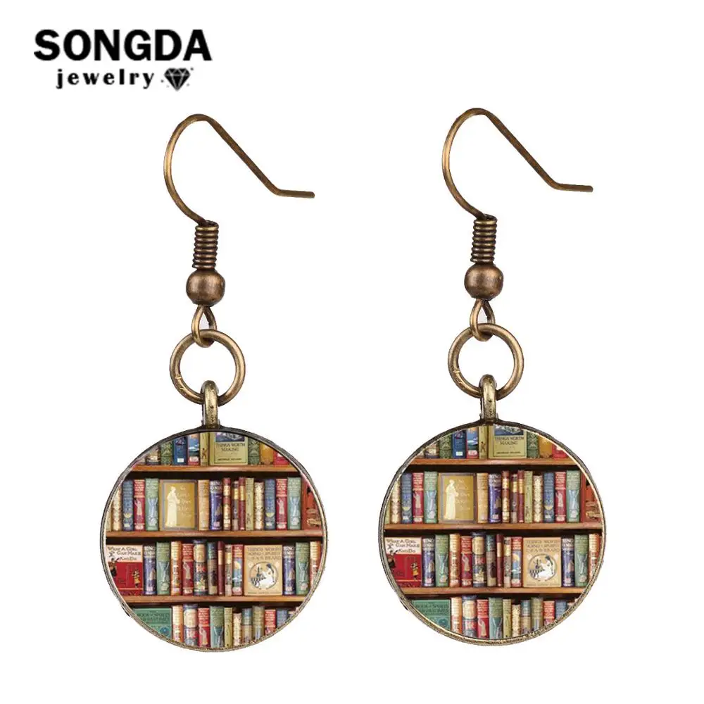 

SONGDA Library Books Fun Earrings Vintage Bookshelf Creative Print Glass Cabochon Long Earrings for Wmen Girl Books Nerd Brincos