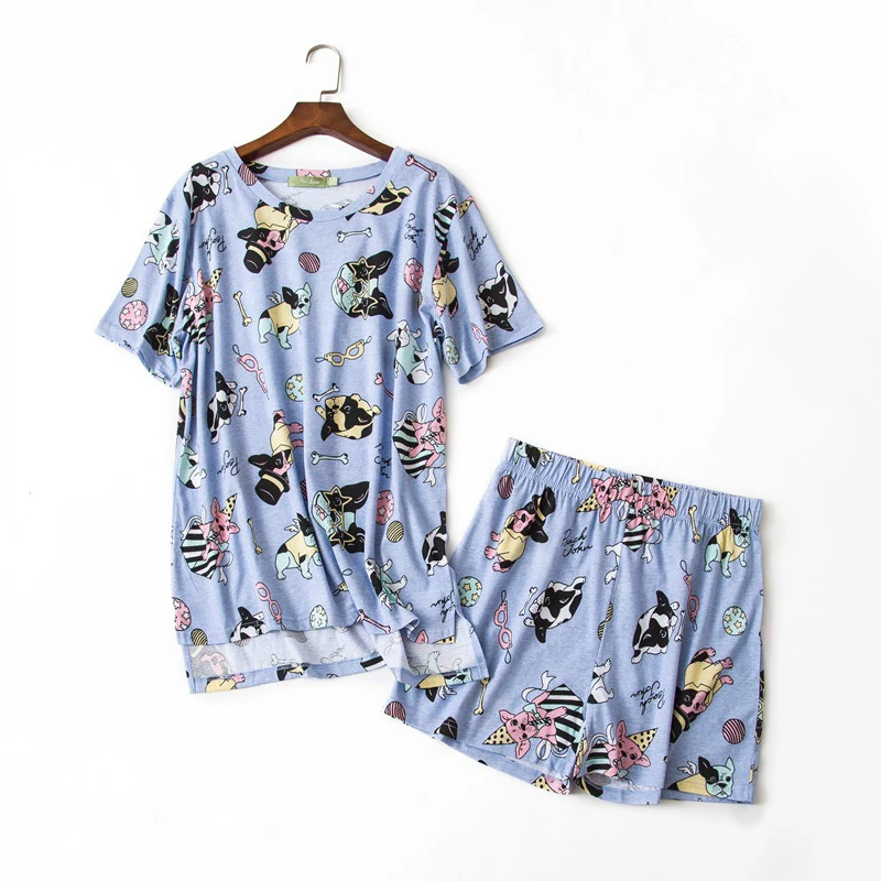 Летние милые кошки короткие пижамы женские пижамы шорты мультфильм Простые хлопок женские наборы домашней одежды, Пижама женская одежда для сна - Цвет: 8 blue dog