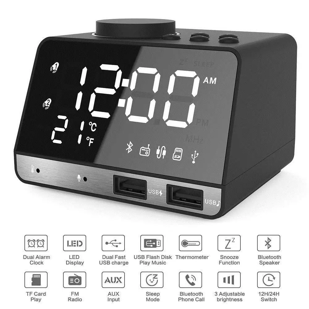  Wireless Bluetooth Bass Speaker FM Radio Mirror LED Dual Alarm Clock USB Charger