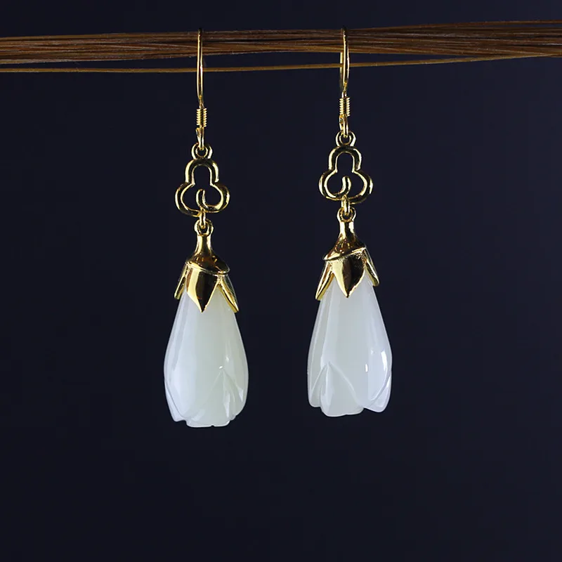 Серьги, серебро 925, натуральный камень, классика, нефрит, серьги для женщин, цветок, выгравирован, позолота, ювелирное изделие, Pendientes Mujer Moda