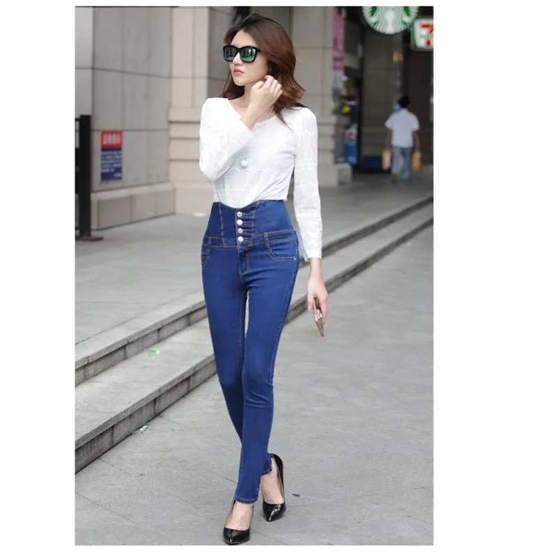 Plus Size 2016 New Big Yards Breasted Waist Jeans Casual Slim Was Thin Pencil Pants Trousers