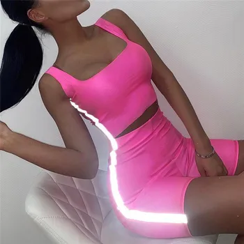 

2019 Sexy Skinny Short Two Piece Set Crop Tops and Biker Shorts Multicolor Bodycon Matching Sets Summer Clothes for Women