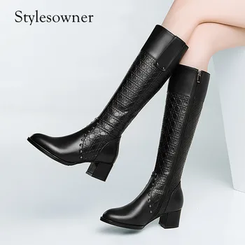 

Stylesowner 2018 New Desire Hand-made High Quality Winter Long Boots High Heels 5cm Thick Bottom Motorcycle Boots Sexy Shoes