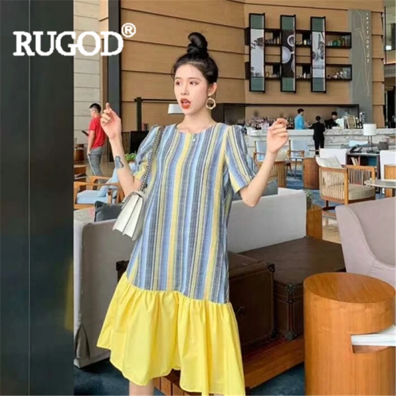 RUGOD Women patchwork striped dress o neck ruffles loose long dress new fashion female elegant chic mujer ladies korean robe