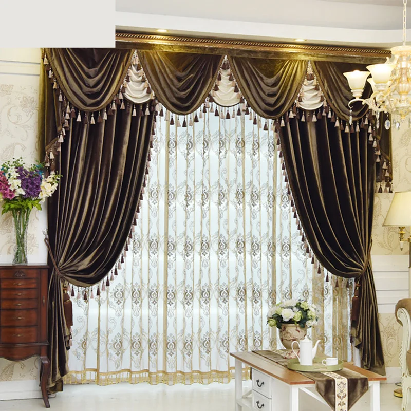 

Custom curtain Luxury European style Italy cashmere cloth solid color cloth blackout curtain tulle sheer valance E670