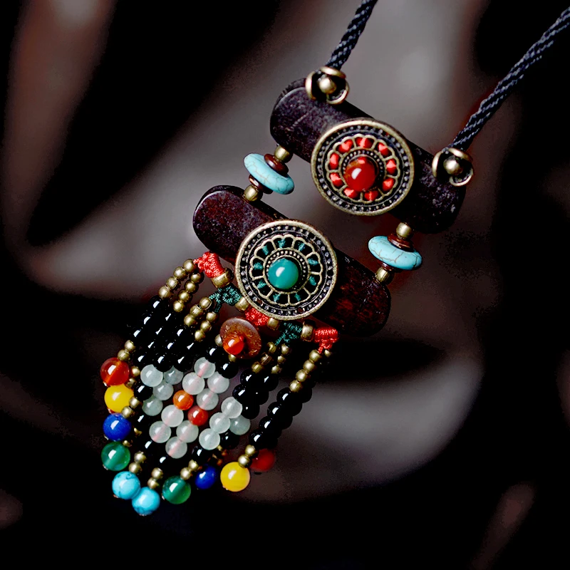 Колье в стиле бохо Для женщин в этническом стиле камень набор длинных ожерелий черный богемная подвеска Цепочки и ожерелья винтажная веревочная цепь, модное ювелирное изделие