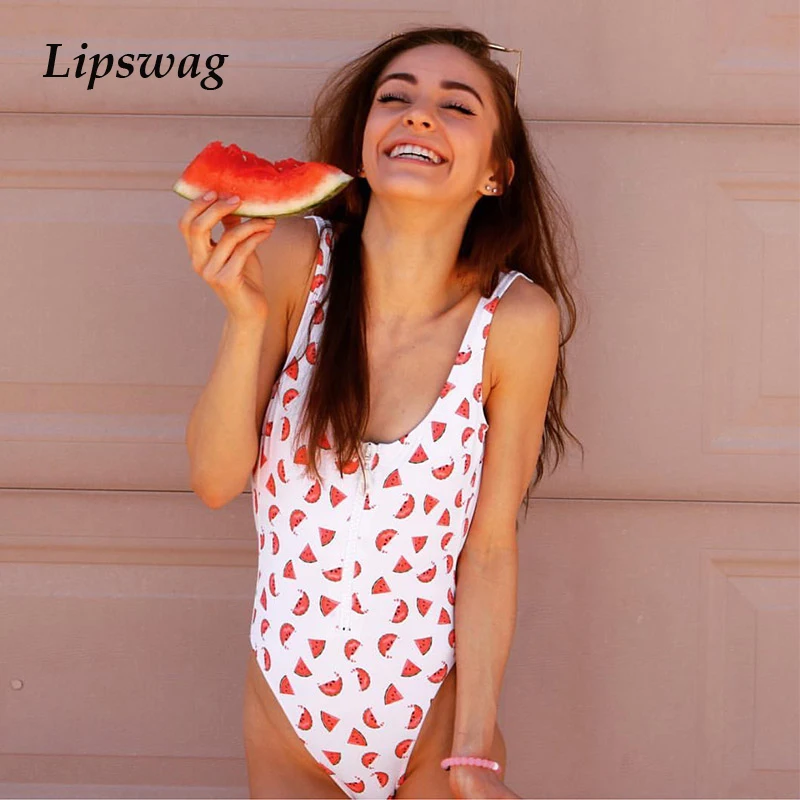 

sexy watermelon print backless one piece swimsuit women zip push up swimwear bikini plus size monokini bodysuit bathing suit