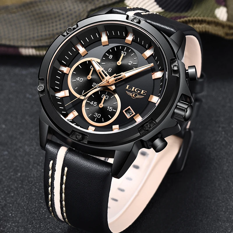 

New Relogio Masculin LIGE Men Watches Fashion Chronograph Male Top Brand Luxury Quartz Watch Men Leather Waterproof Sport Watch