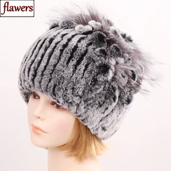 

New Women Real Fur Hat Winter Natural Rex Rabbit Fox Fur Hats Russian Female Knit Fur Headgear Good Elastic Warm Beanies Fur Cap