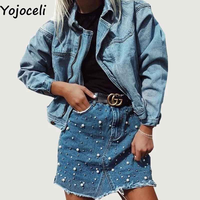 Yojoceli Sexy pearl bodycon denim high waist skirts womens Elegant short blue tassel skirt