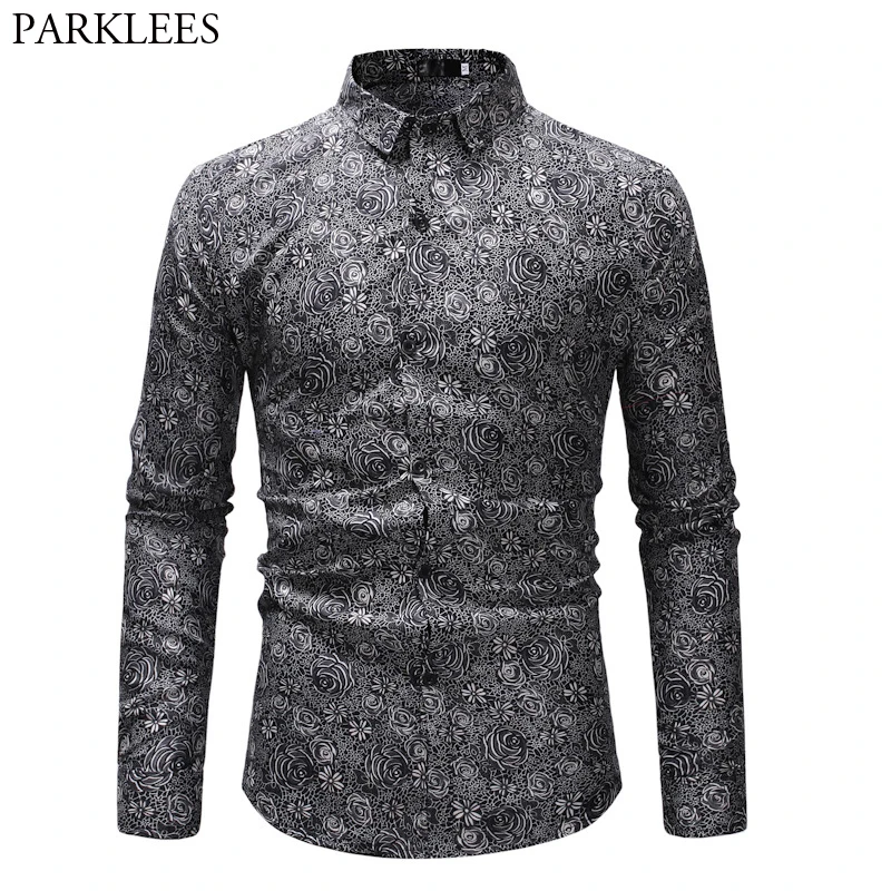 

Mens Casual Shirt 2019 Spring New Long Sleeve Floral Shirt Men Slim Fit Business Casual Shirts Man Chemise Homme Plus Size M-3XL