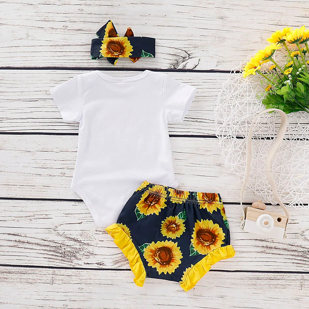 Toddler Infant Girls Cartoon Printed Romper Sunflowers Flower Shorts Outfits Set 
