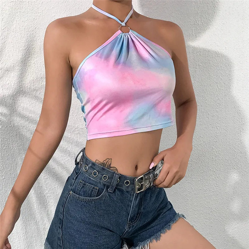 

Women sleeveless Halter Bandage Crop Top Elastic Gradient Bodycon vest top lady summer slim streetwear Tank top New Arrivals