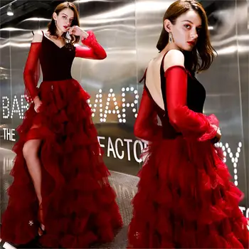 

XXS-3XL V-neck Spaghetti Strap Long Evening Gowns Patchwork Long Sleeve Backless Layered Gorgeous Women Banquet Dresses G573