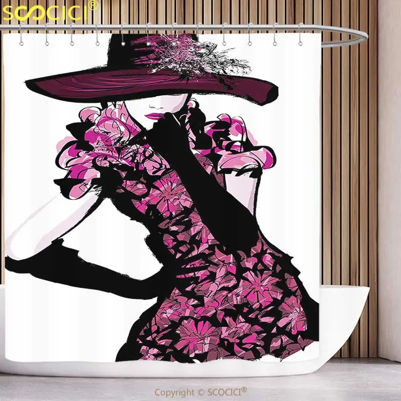 Fun Shower Curtain Girly Decor Trendy Woman Furry Hat And Floral Dress