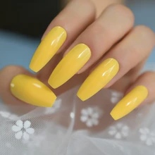 Néon lumineux Leon jaune presse sur faux ongles Extra Long cercueil ballerine forme UV Gel colle sur les escargots bandes adhésives gratuites(China)