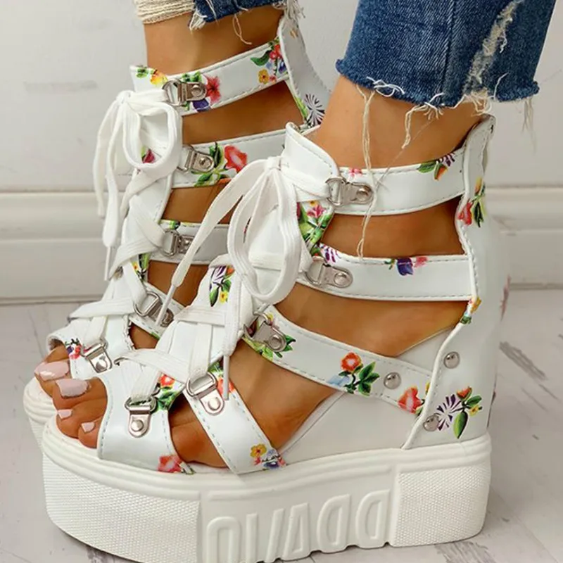 

INS Hot Print Leisure Wedges Women's Shoes 2020 Summer Shoes Women Sandals Platform Shoelaces High Heels Casual Shoes Woman