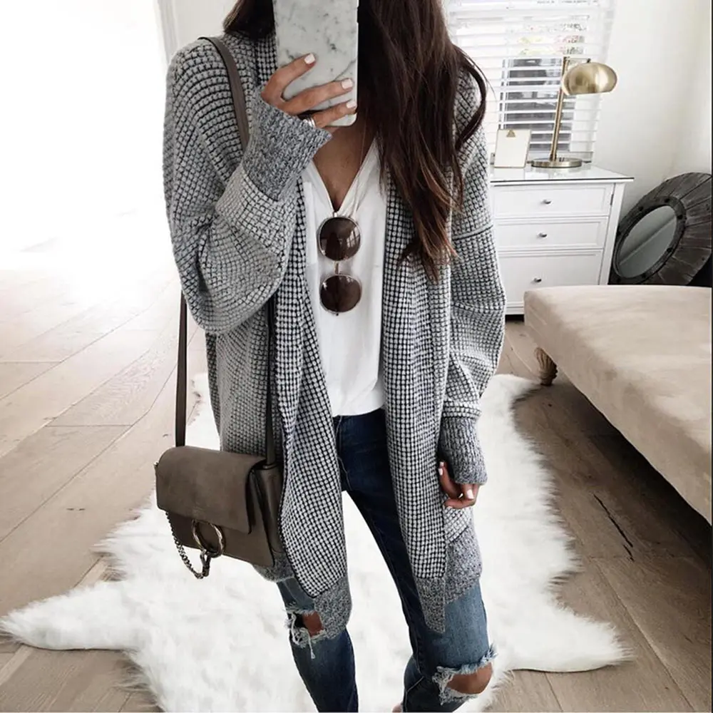 Fashion Plaid Long Cardigan Autumn Winter Thicken Warm Casual Woolen Coat Women Clothes Casual Ladies Top Femme Vetement (1)