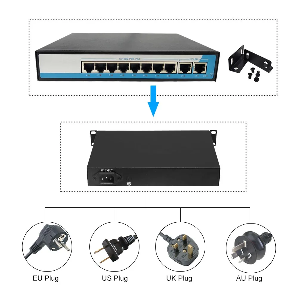 8 портов 100 Мбит/с IEEE802.3af POE коммутатор/инжектор питания через Ethernet сетевой коммутатор для ip-камеры VoIP телефон AP устройства 2 Up-link