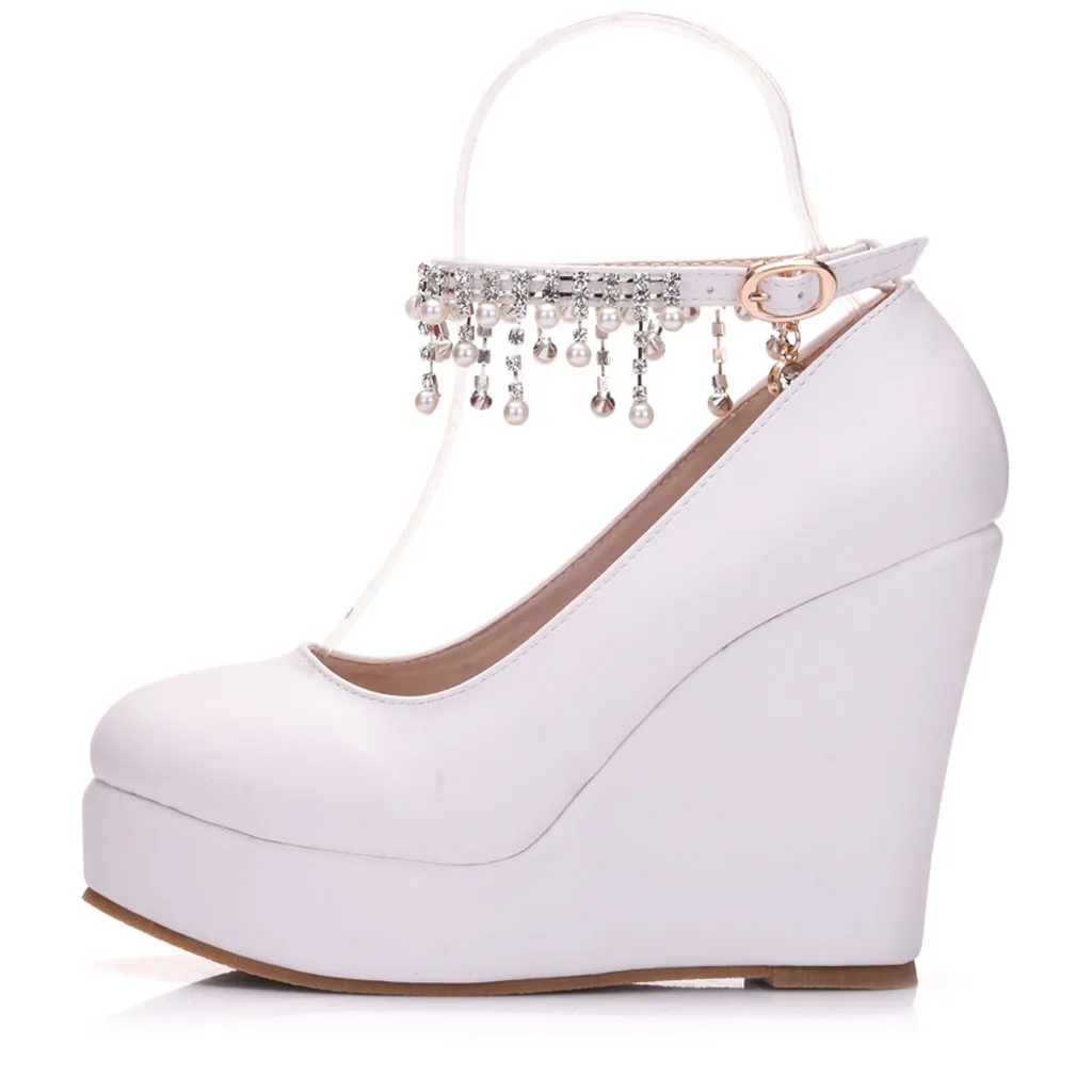 Женская обувь на танкетке; коллекция года; Свадебная обувь на платформе с ремешком, украшенным кристаллами; zapatillas mujer; повседневная обувь на платформе; большие размеры;# N3