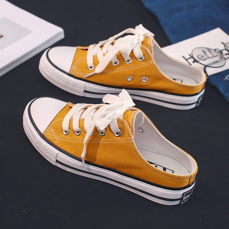 

QWEDF 2019 Summer Casual Flat Shoes Women Korean Lazy Shoes No Heel Half Drag Canvas Shoes Student Female White Shoes SP-78