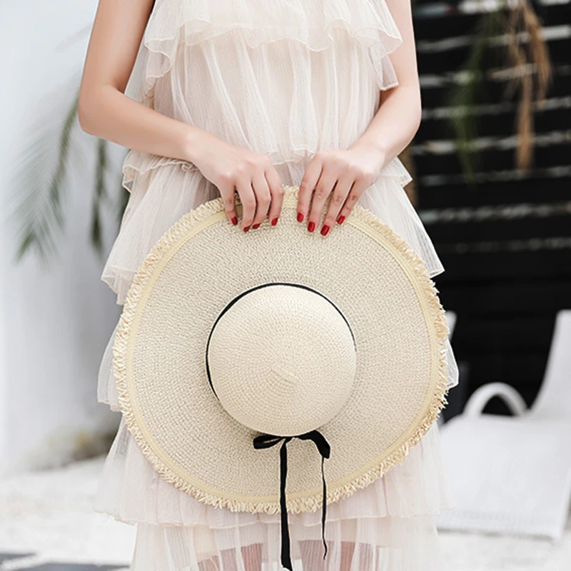 2019 большой край козырек солнцезащитной кепки для женщин Складная Chapeau Feminino ручная работа соломенная шляпа женская летняя шляпа в стиле