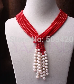

Free shipping >>@ +>cNew Elegant Handmade Red Coral Retro Women Round Bead Pearl Bib Choker Necklace