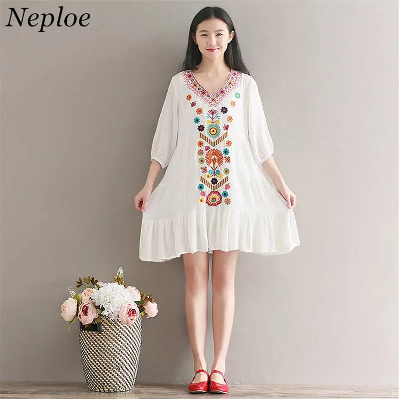 neploe vintage bohemian dress 2018 floral embroidery v neck cotton linen clothe three quarter neploe vintage bohemian dress 2018 floral embroidery v neck cotton linen clothe three quarter