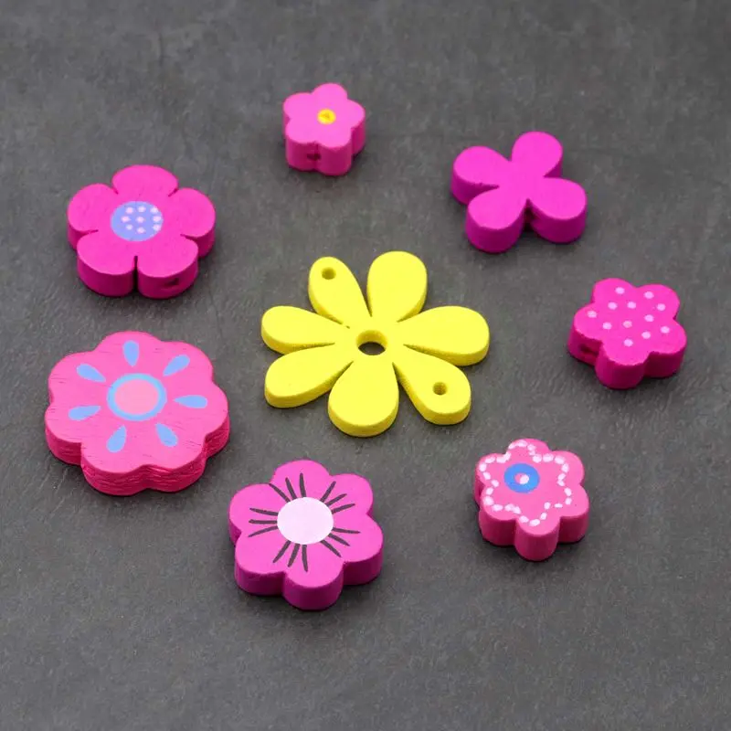 

40pcs/lot Mixed Color Cartoon Flower Loose Spacer Wood Beads For Jewelry Finding DIY Handmade Accessories Kids Toys Clothes