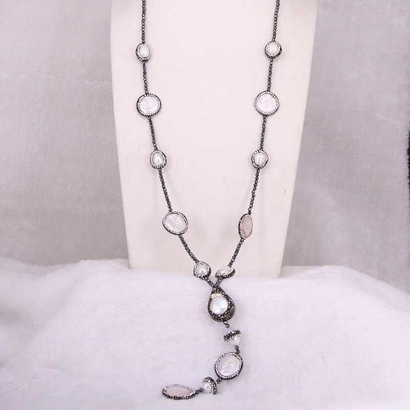 

3 Strands ZYZ309-1690 Pave Crystal Rhinestone Natural Pearl Pendant Necklace with Black Hematite Beads and Pearl Necklace