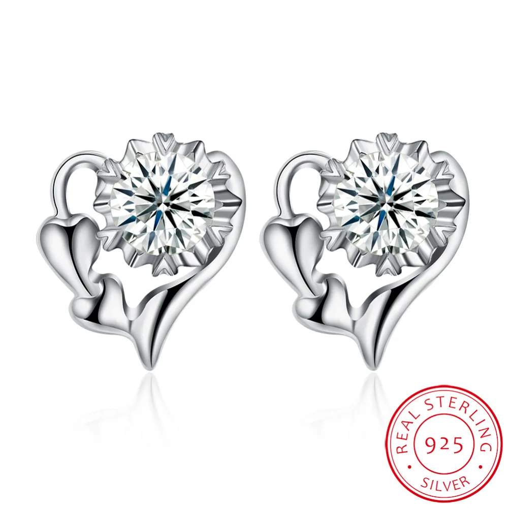 

It is silver certificate!100% Sterling 925 Silver earrings for women heart stud earings crystal jewelry brincos jewellery E0045