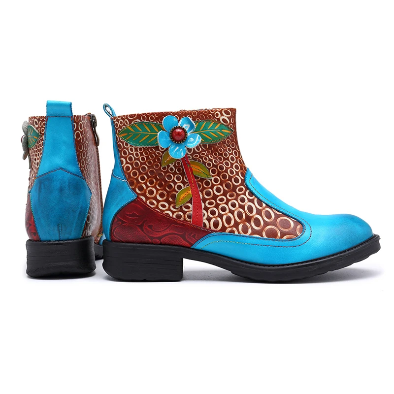 Printemps Main Plat Bleu Cuir Zipper Bottes Véritable À Femmes Fleur Talon Denim Cheville Chaussures En Mstacchi Bohème Rétro La 0wnmN8vO