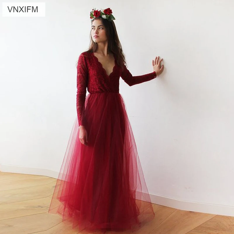 VNXIFM 2019 красное богемное кружевное пляжное свадебное платье с длинными рукавами и