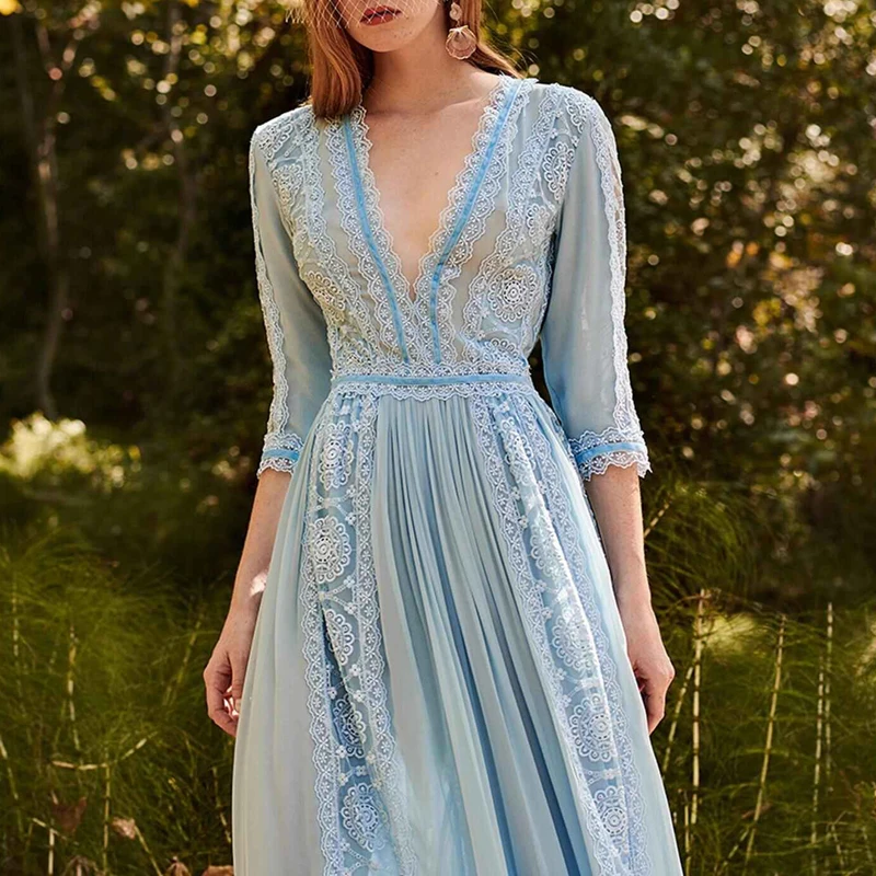 Высокое качество дизайнерское подиумное платье элегантное сексуальное синее кружевное Макси длинное платье с глубоким v-образным вырезом для женщин весна осень