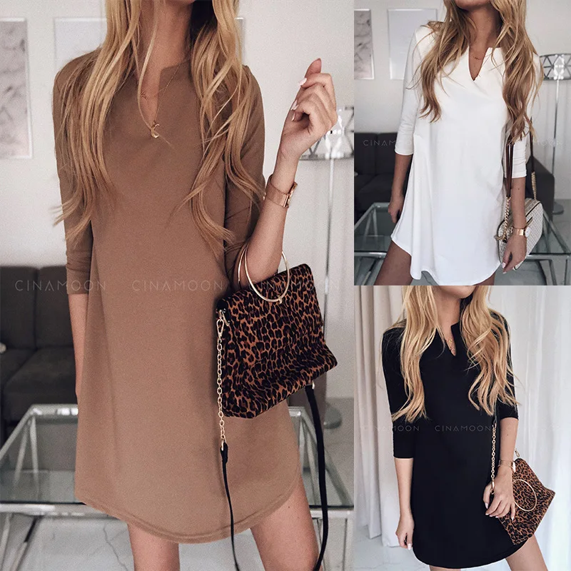 

2019 Autumn and Winter Pure Color Sleeve V Collar Mid-sleeve Dress Winter Dress Sweater Dress Plus Size