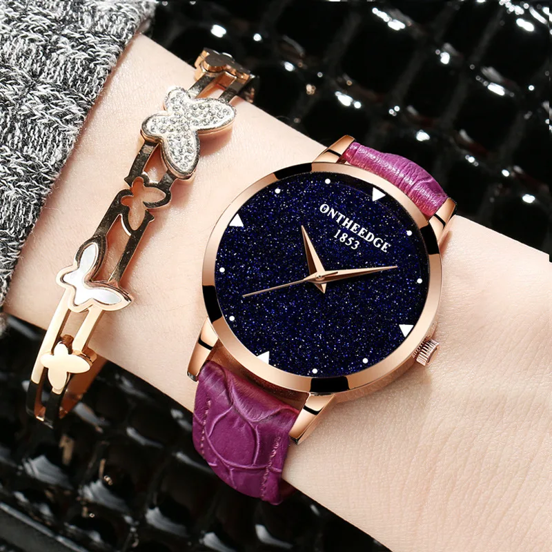 

RZY520 Korean Style Quartz Japanese Movement Clock Lady Watch Waterproof Leather Women Watches Girls Fashion Starry Sky Watch