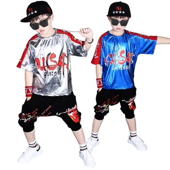 

Big Boy's Short Sleeve Sequined Design Color Patchwork Loose Fit T-shirts and Shorts 2PCS Clothing Sets Fashion Drum Rack Sets