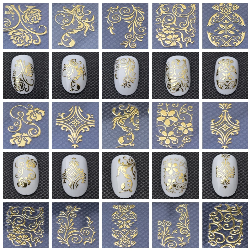 Горячие золотые наклейки для стикеры 3D на ногти Nail Art, 108 шт/лист, высокое качество, металлические цветы, смешанный дизайн, Типсы для ногтей, аксессуары, инструмент для украшения