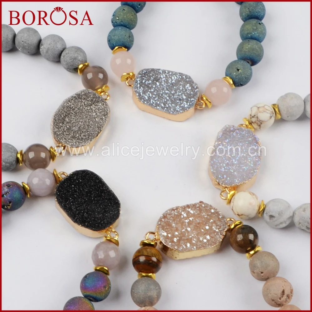 

BOROSA Handmade Gold Color Natural Crystal Drusy Titanium Rainbow Druzy With 10mm Rainbow Titanium Beads Women Bracelets G1396