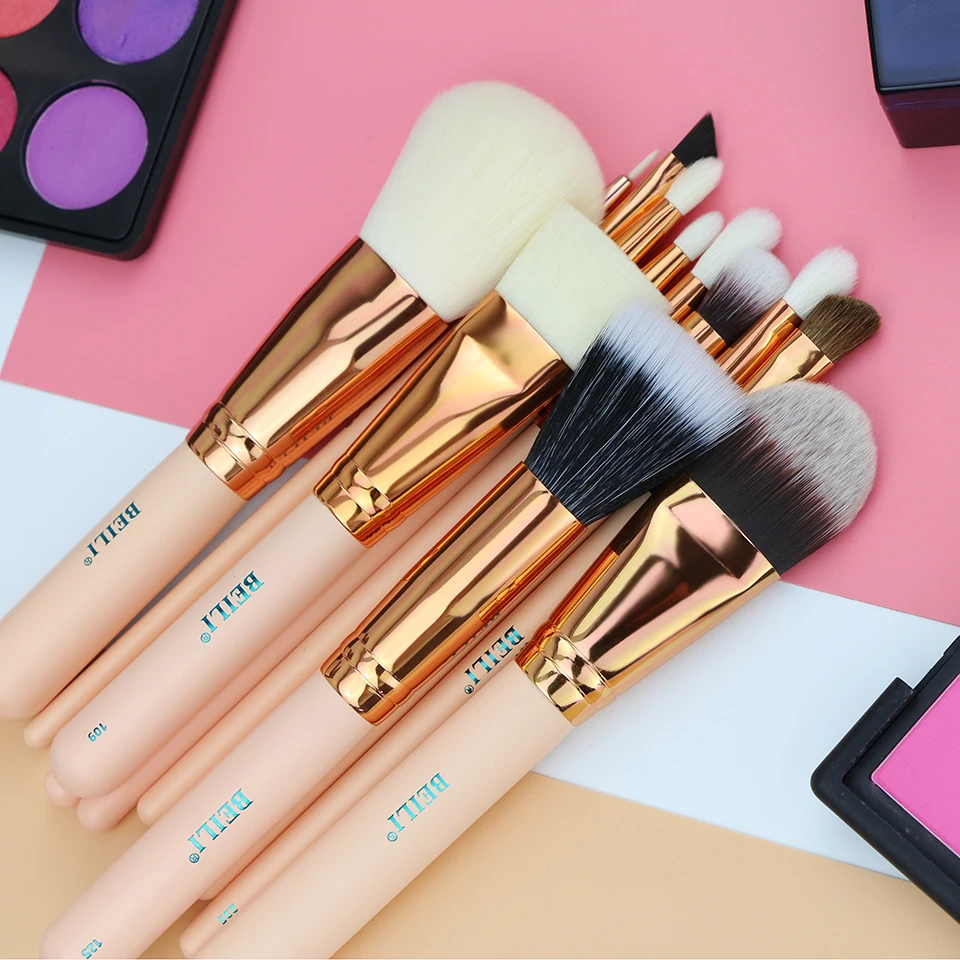 

BEILI Rose golden 12pcs Essential Travel kit Pink Foundation Powder Contour Eye shadow Makeup Brushes set High quality