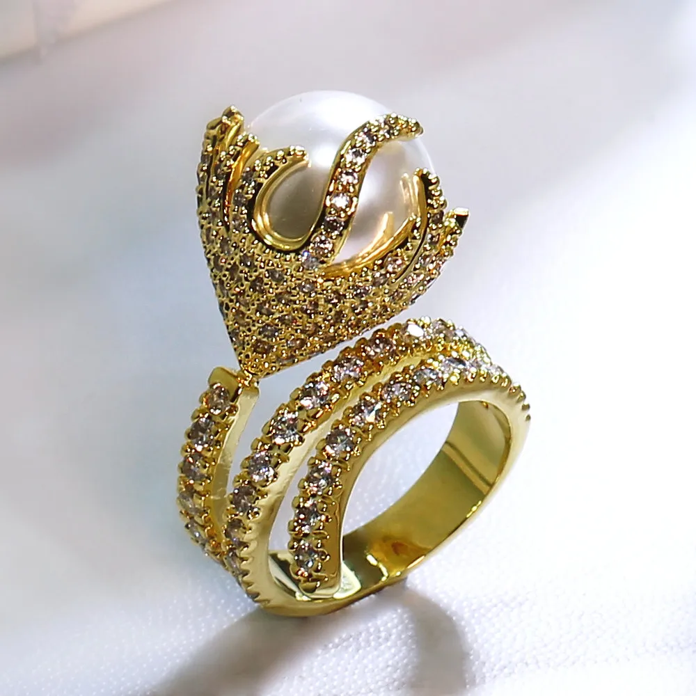 

Flower Ring for party Gold-color cubic zircon crystal Finger Ring High quality fashion Jewellery Free shipment Luxury Pearl ring