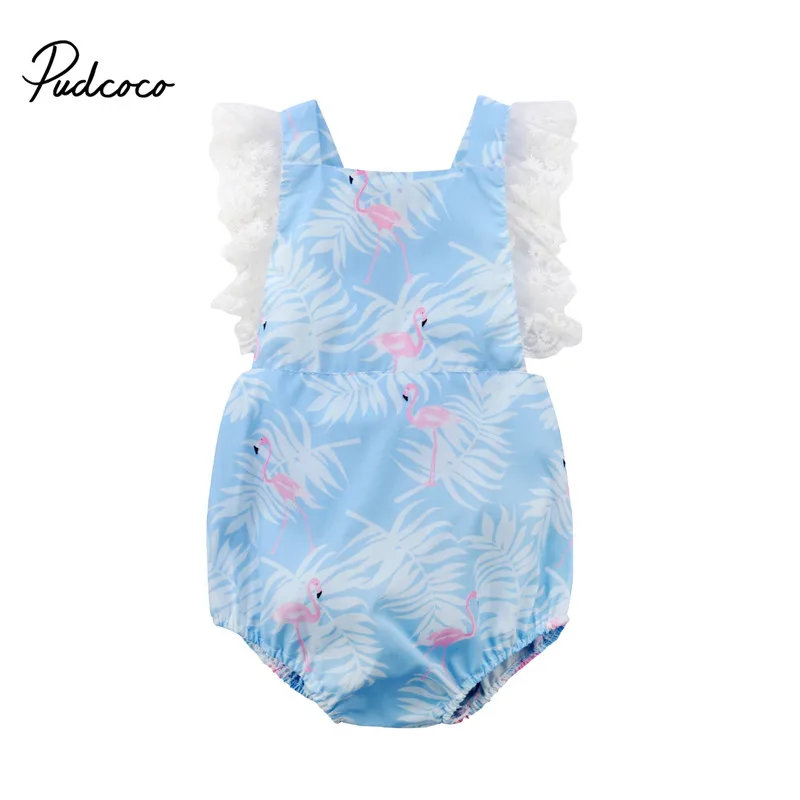 Cute Flamingos Print Romper Infant Children Newborn Lace Backless