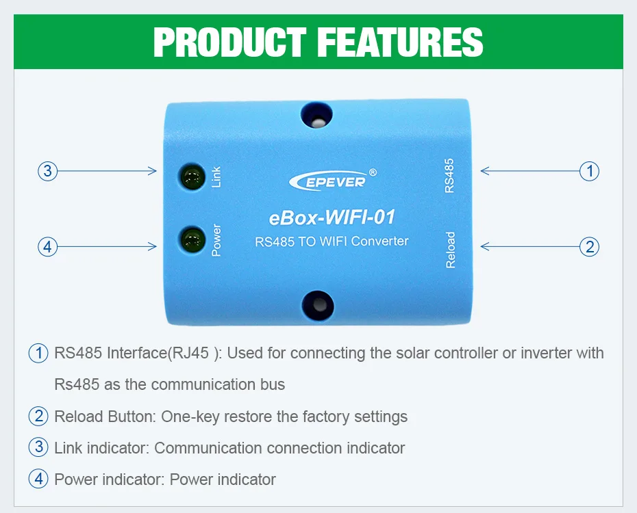 EPever eBox-WIFI-01 WIFI Serial Server RS485 to WIFI Support APP for EPsolar LS-B VS-A VS-BN Tracer-A Tracer-BN SHI_03