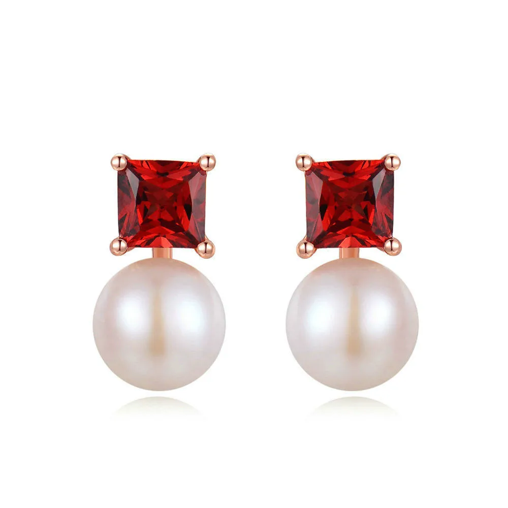

S925 Silver Coloured Jewelry Natural White Pearl Garnet Female Ear Nail Earrings