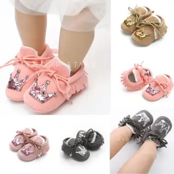 

2018 New Winter Warm Baby Crib Shoes Infant Kids Shoes Toddler Girls Sequin Crown Tassel Shoes Plush Crib Shoes 0-18M Wholesale