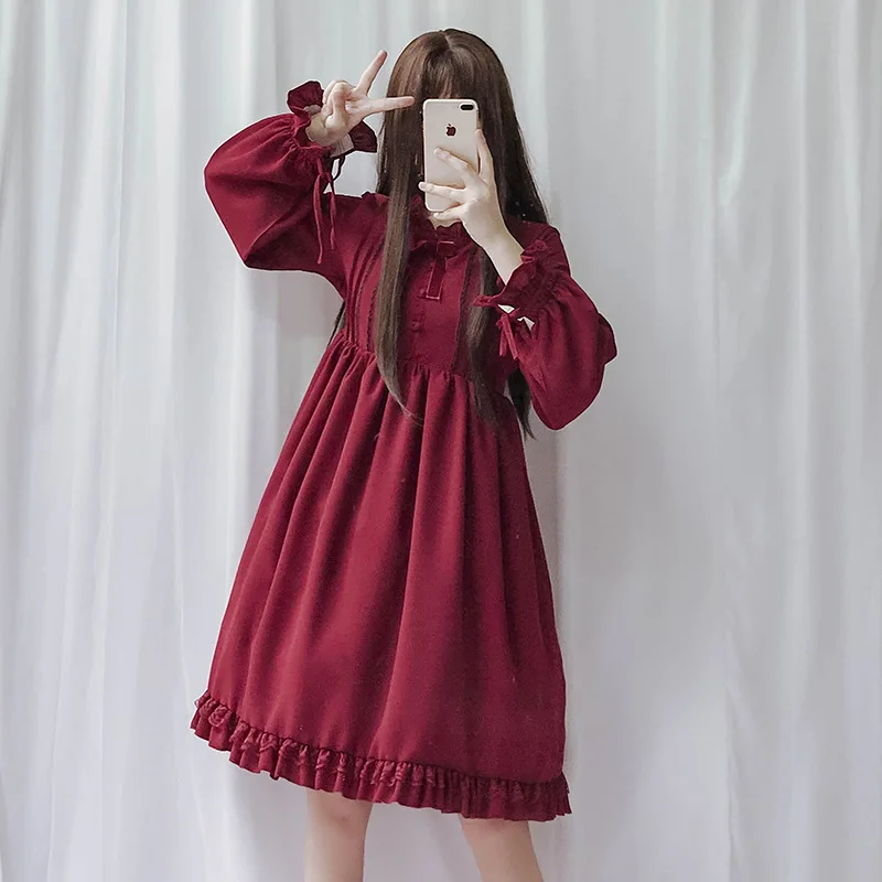

Japanese Harajuku Women Lolita Style Dress Bandage Bow Lace Ruffles Party Vestidos Cute Kawaii Preppy Girl Princess Sweet Dress